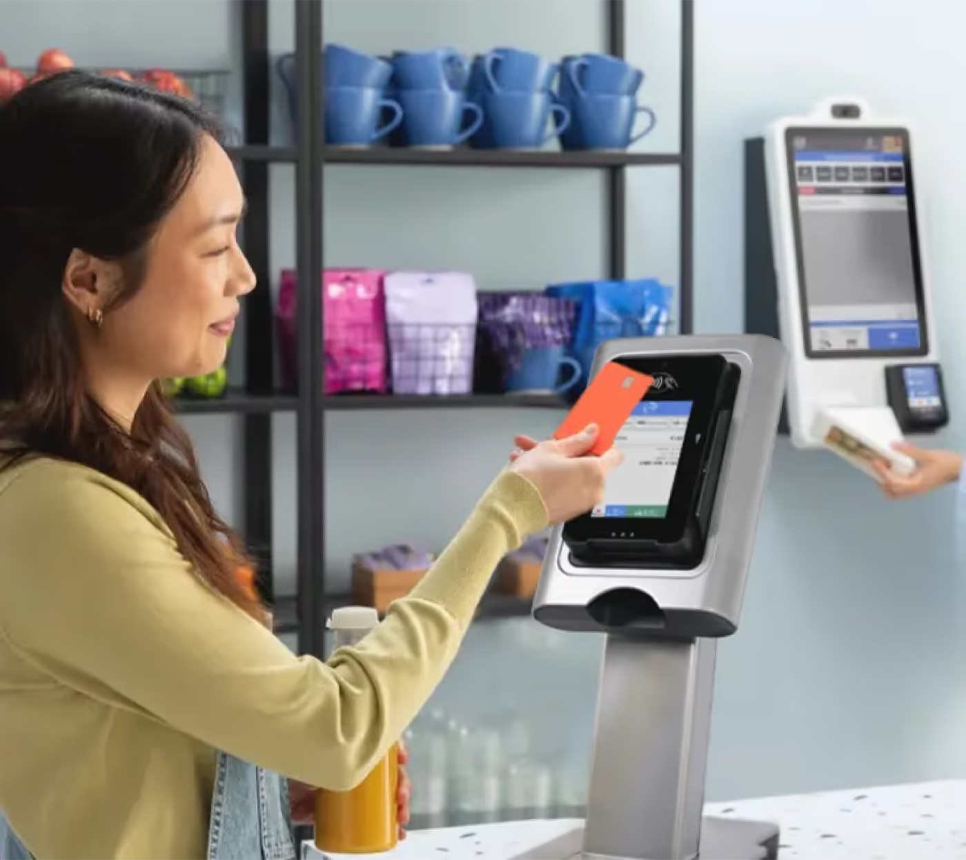 A micro market self-checkout kiosk with open shelving, holding far more inventory than a single machine
